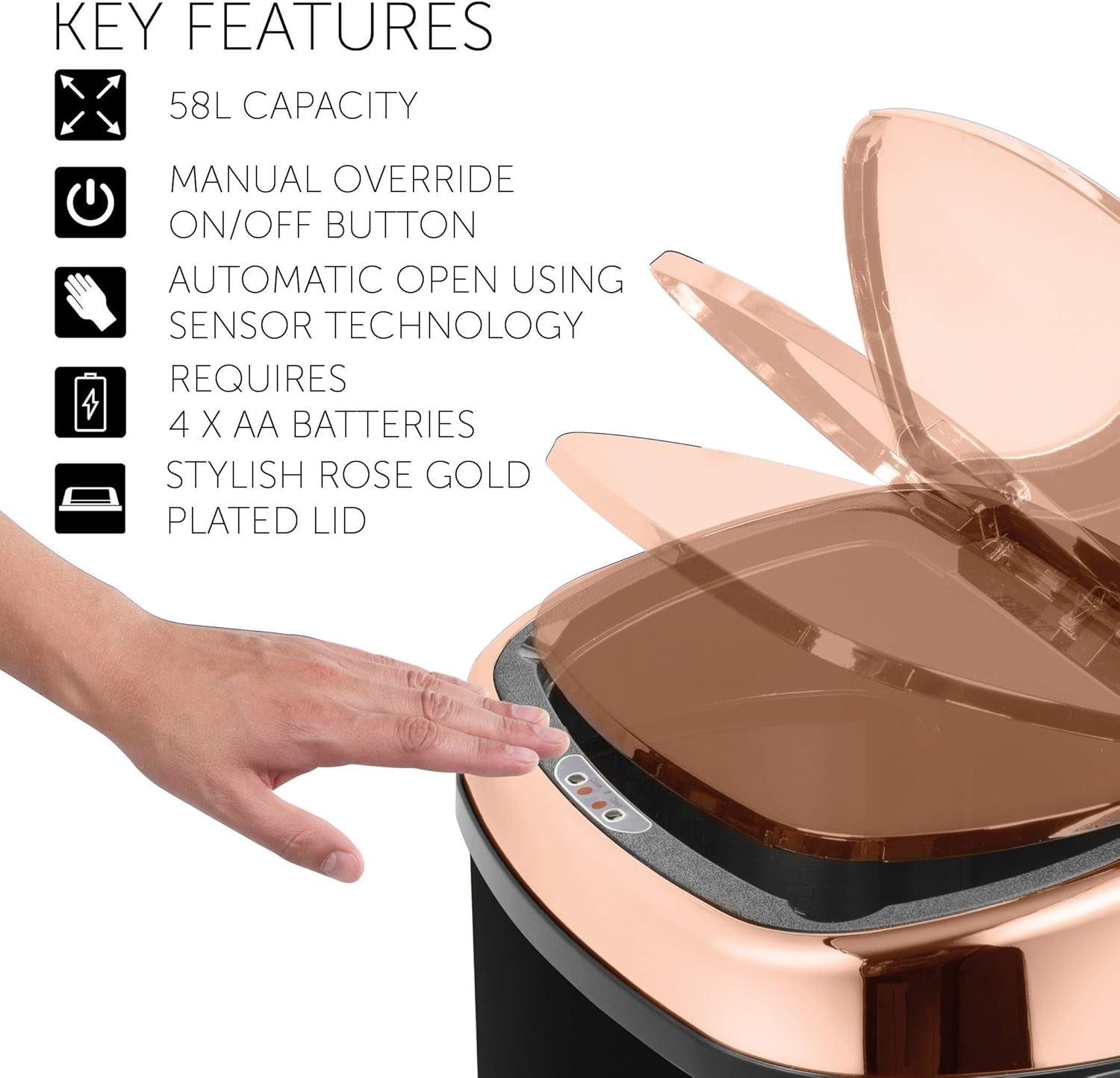 58L Sensor Kitchen Bin Automatic Soft Close Black Rose Gold