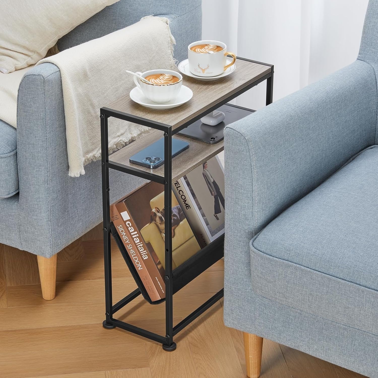 Slim Oak Side Table with Storage – Narrow Sofa End Table + Magazine Rack