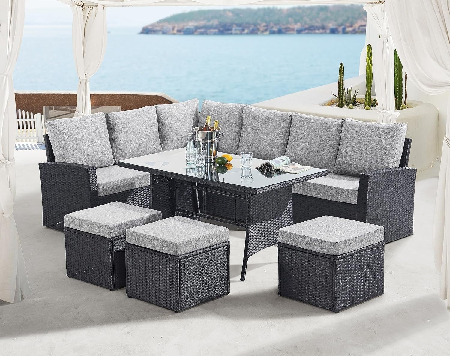 9 Seat Rattan Corner Sofa & Dining Set Outdoor Garden Patio Cushioned Seating
