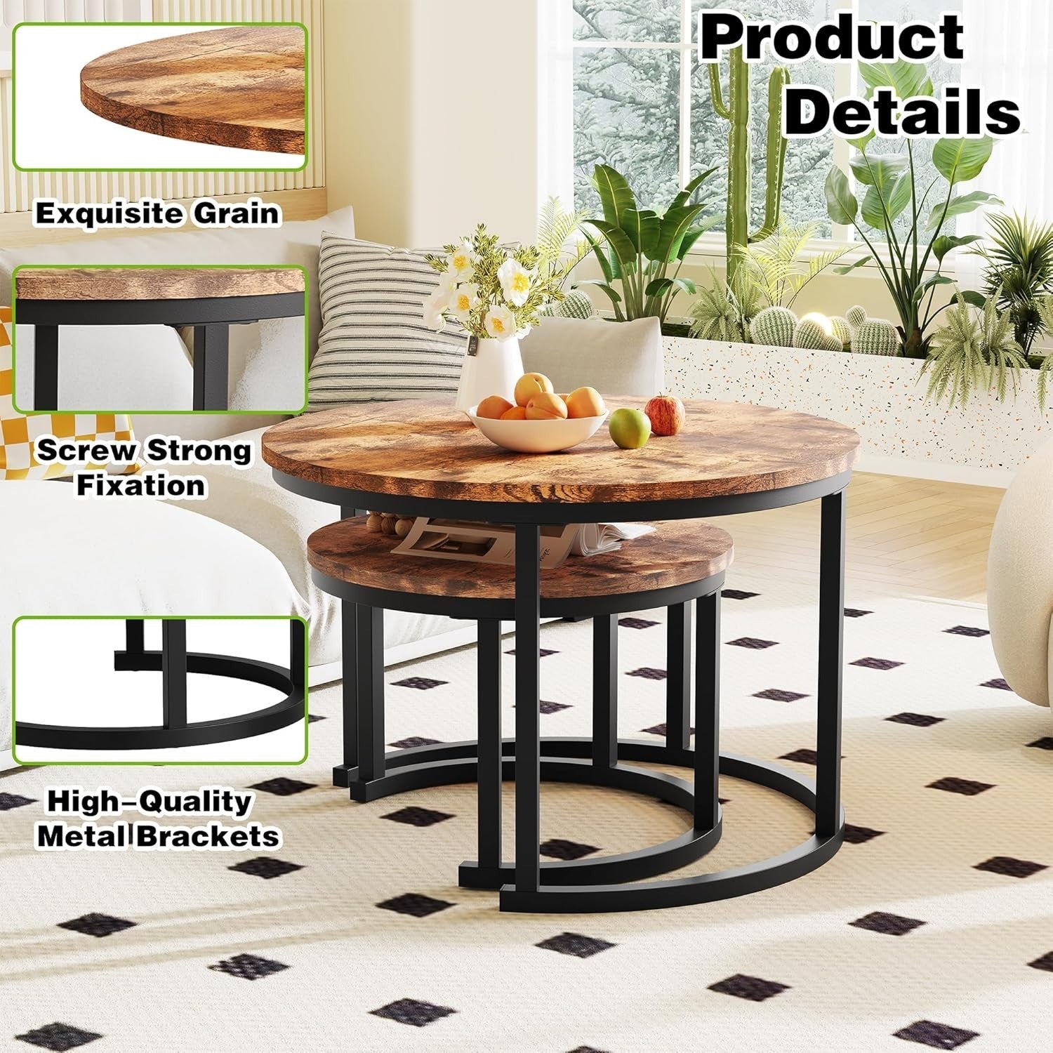 Nesting Coffee Table Set Brown Wood Round Space Saving Side End Table