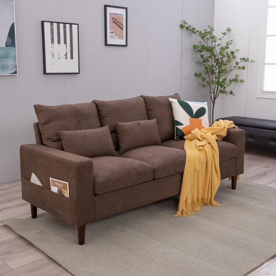 3 Seater Sofa Brown Linen Upholstered Couch Modern Compact Soft Seat with Cushio