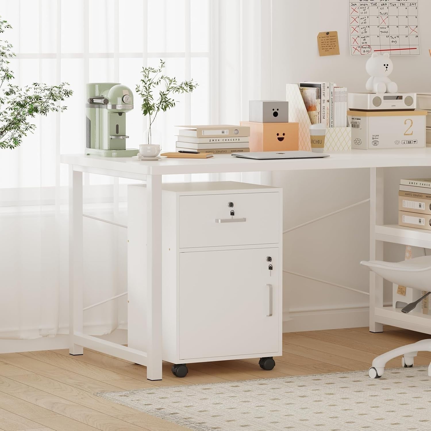 White Lockable Mobile File Cabinet with Door & Drawers Under Desk