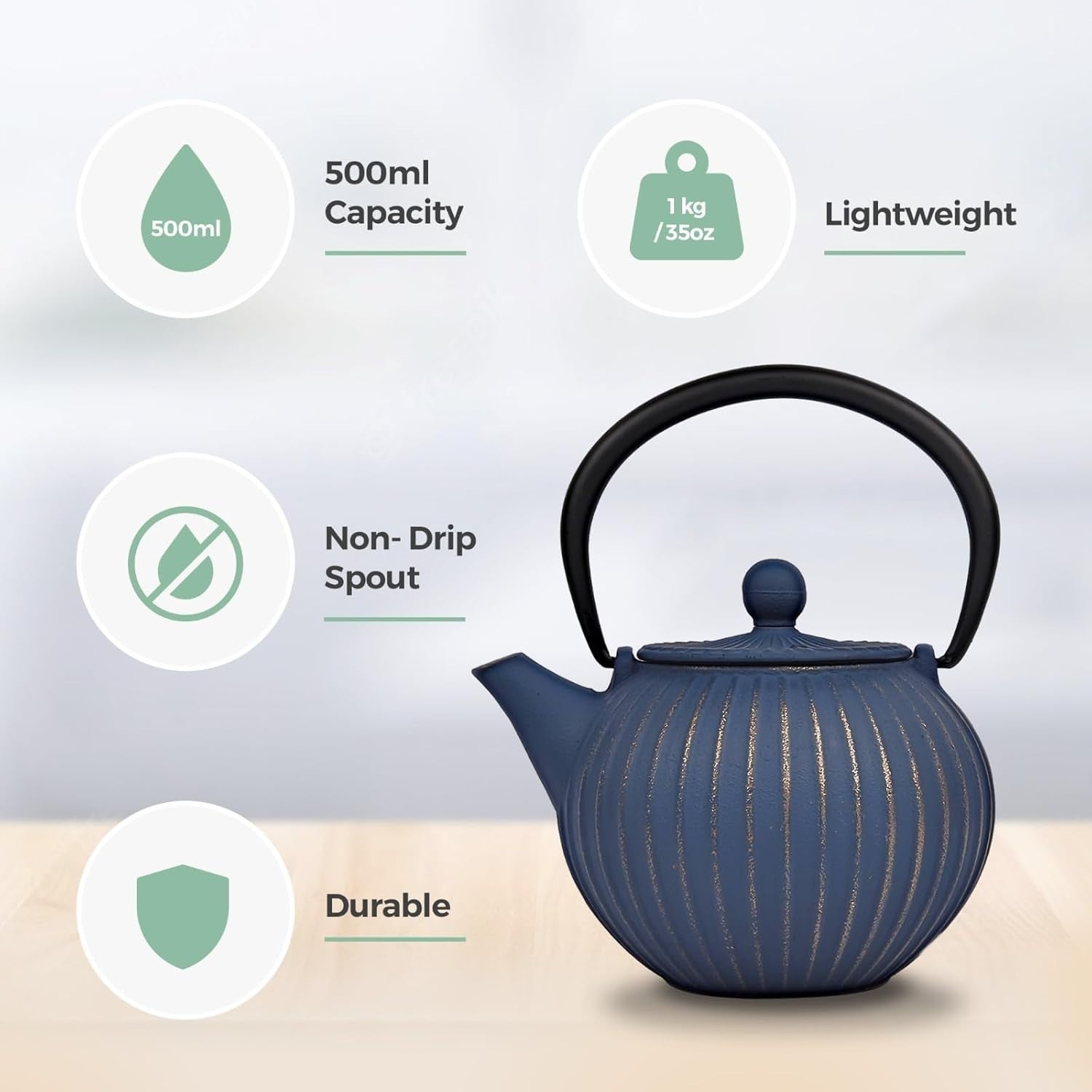 Cast Iron Teapot 500ml Tea Pot w/ Infuser Blue Gold Tetsubin Style