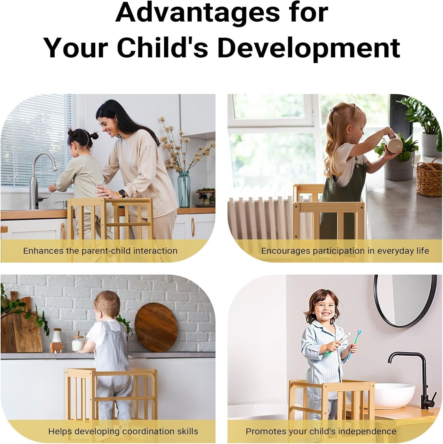 Kids Learning Tower Bamboo Step Stool – Montessori Kitchen Helper Safe