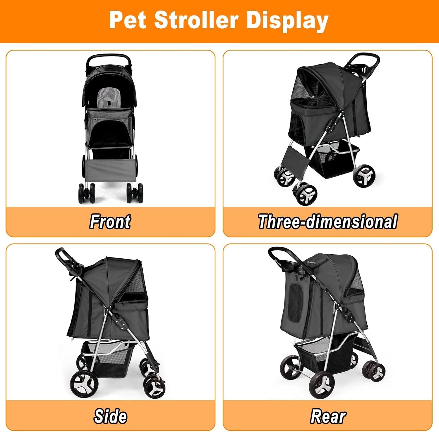 Pet Travel Stroller Dog Cat Pushchair 4 Wheel Folding Pram Jogger Black