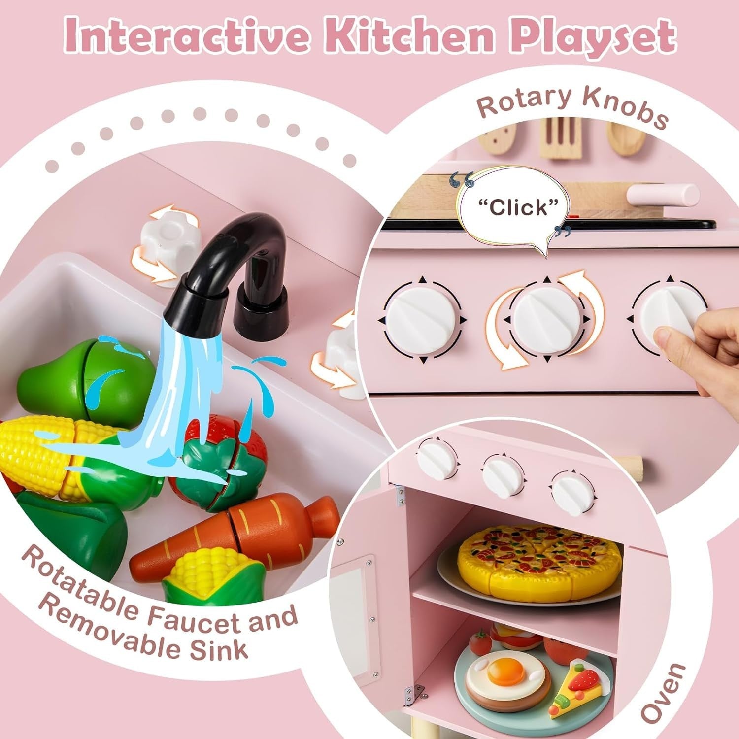 Wooden Kids Play Kitchen Pink w/ Lights Sounds Oven Accessories