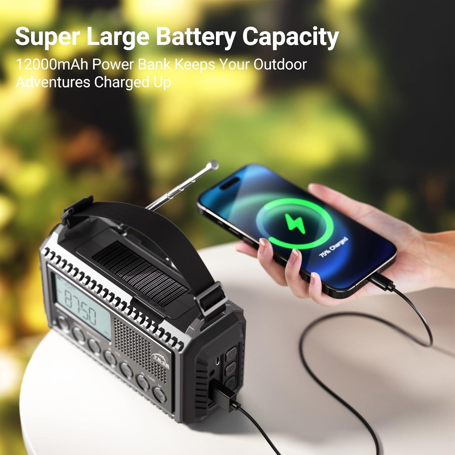 12000mAh Solar Hand Crank Emergency Radio AM/FM USB Phone Charger SOS