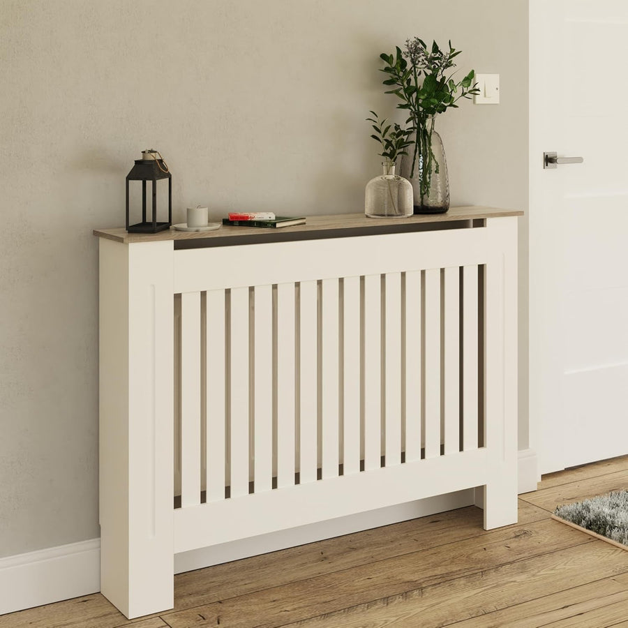 Medium White Radiator Cover – Modern MDF Slatted Heater Cabinet with Shelf