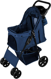 Blue Pet Stroller Pushchair with Caddy Bag Foldable 15kg Travel Pram