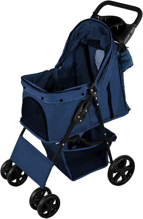 Blue Pet Stroller Pushchair with Caddy Bag Foldable 15kg Travel Pram