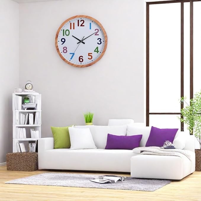 Large Colour Number Wall Clock Wood Grain Silent Non-Ticking Modern Home Decor