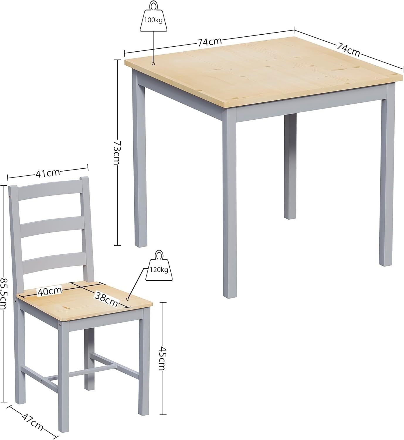 Grey & Pine 2 Seater Dining Table Set | Compact Kitchen Table with Chairs