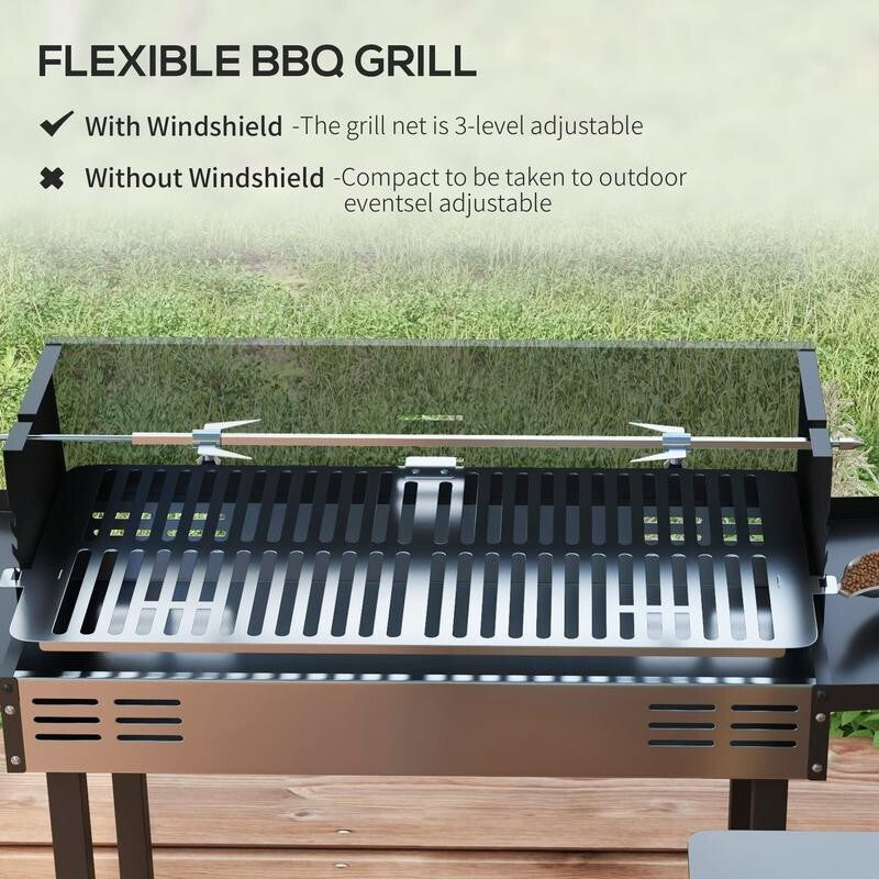 Double Charcoal BBQ Grill Trolley with Wheels, Side Table & Storage Rack