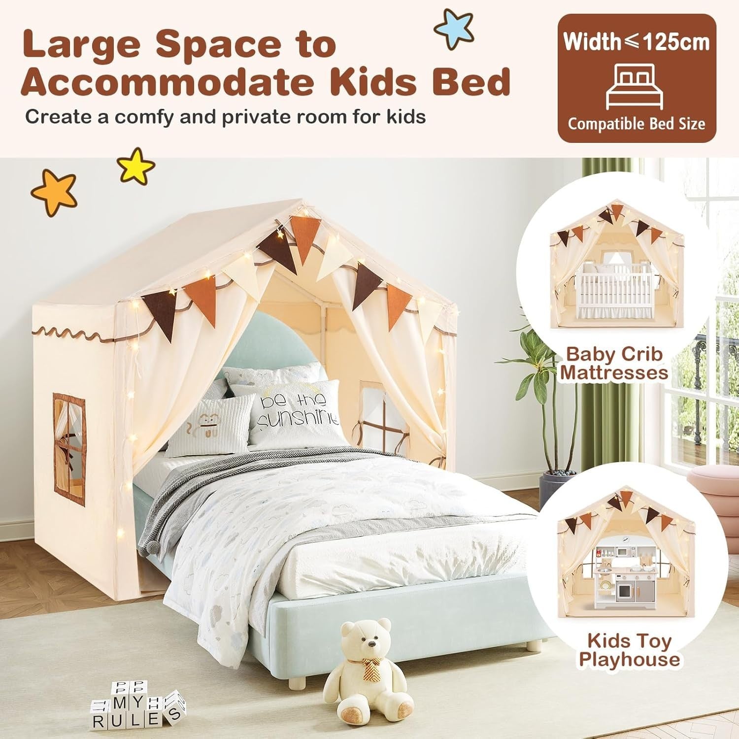 Kids Play Tent Castle Indoor w/ Star Lights Mat Windows Girls Boys Gift