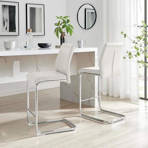 Modern White Bar Stools Set of 2 – Faux Leather Cantilever Chairs