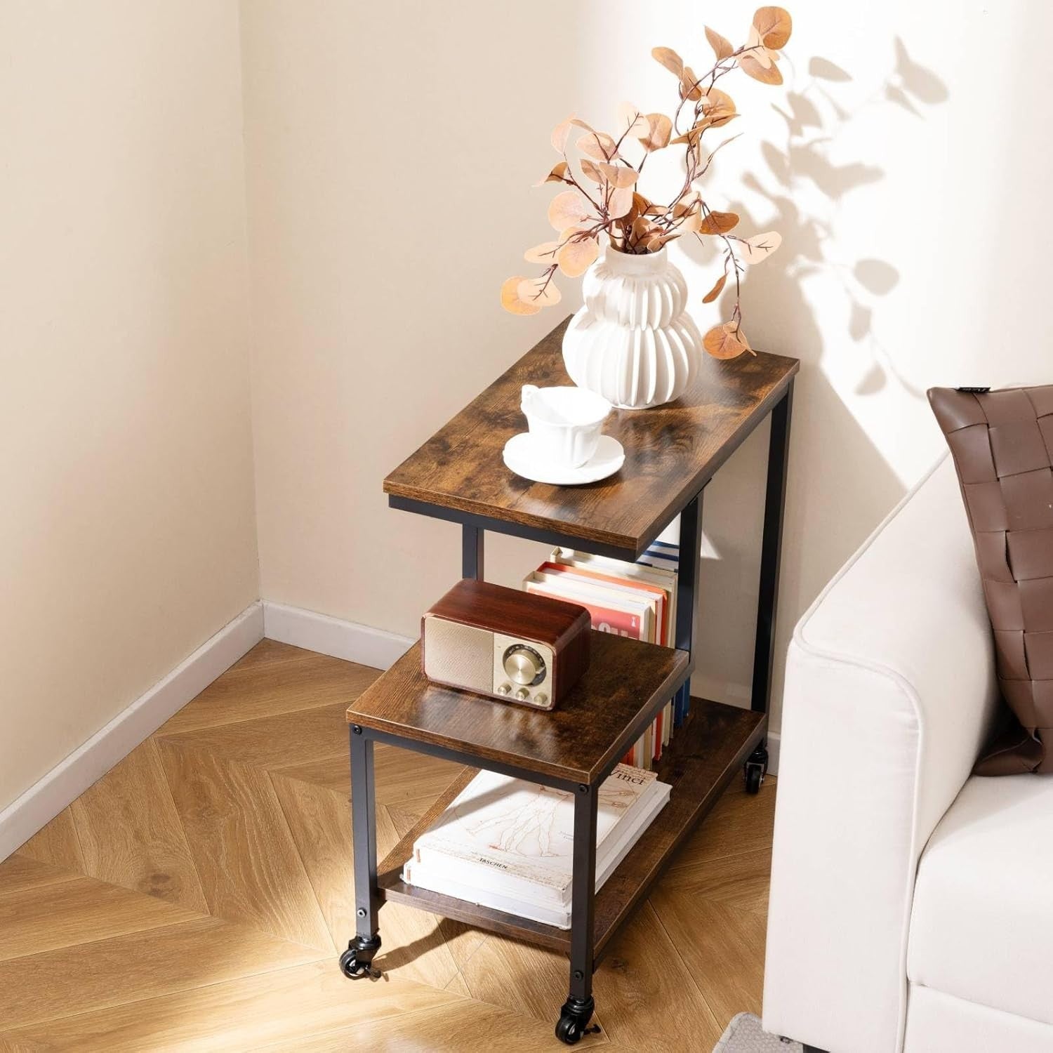 3-Tier G-Shaped Sofa Side Table with Wheels | Storage Shelf & End Stand