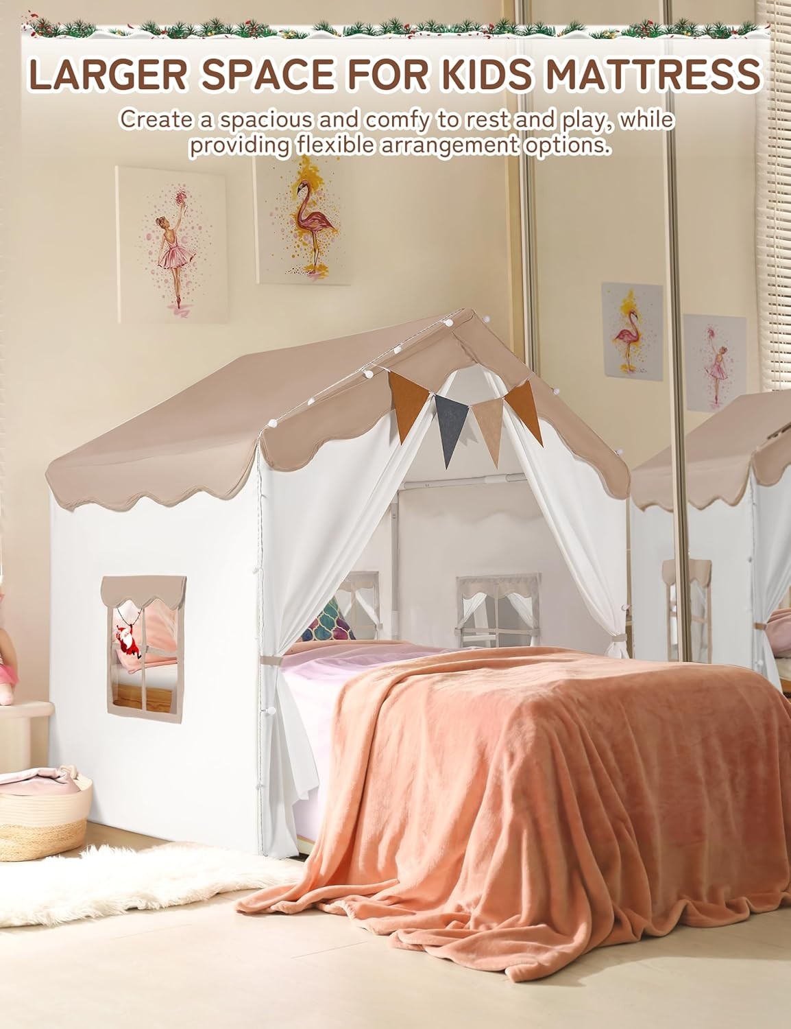 Kids Indoor Castle Tent Bed Canopy with Lights Padded Playhouse Brown