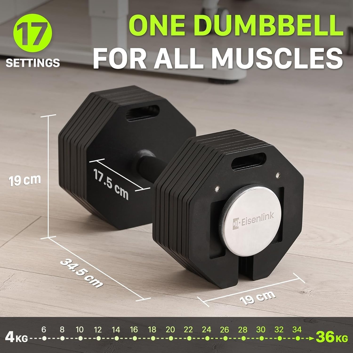 Octagonal Adjustable Dumbbell 4–36kg Anti Slip Handle Compact Home Gym