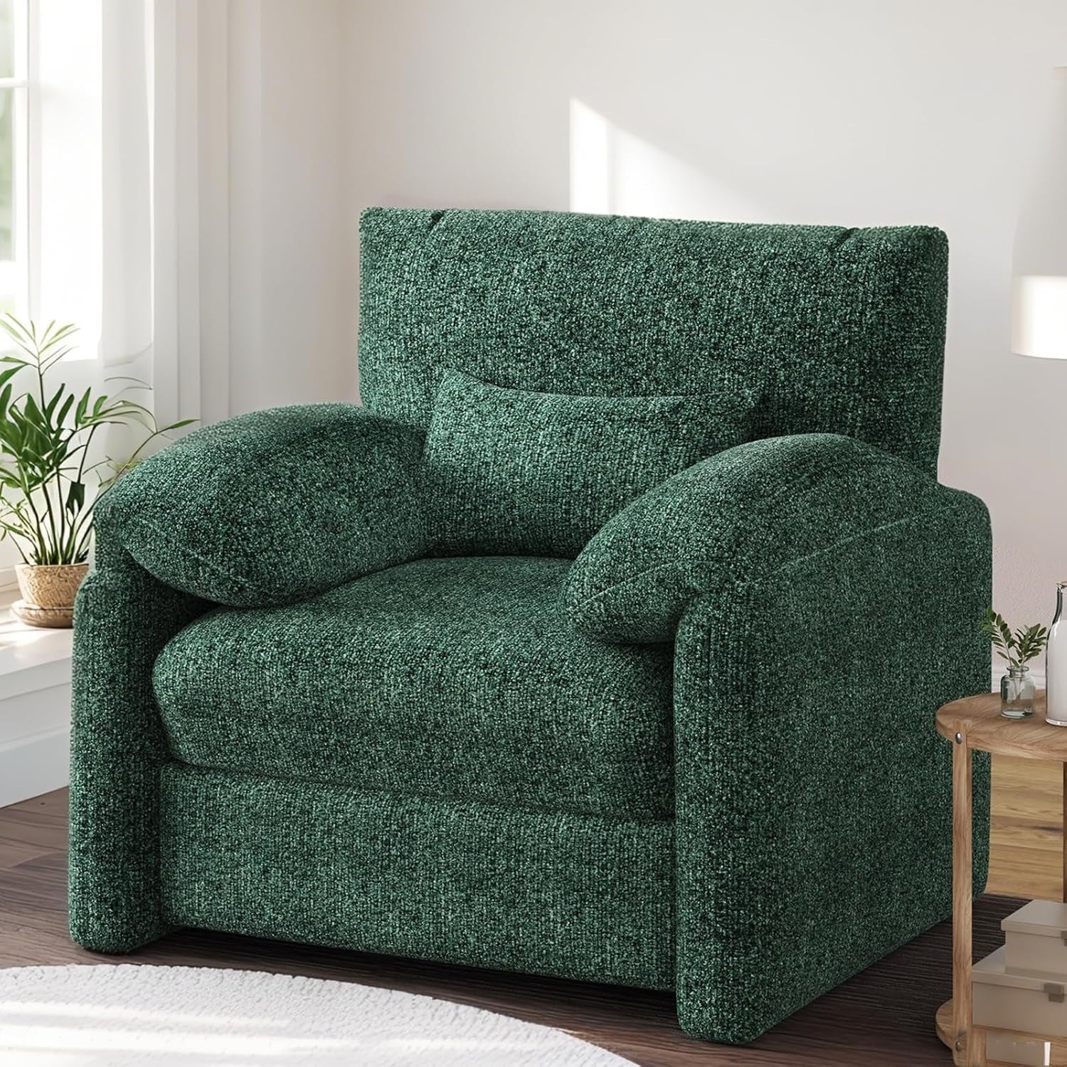 Large Green Velvet Armchair Sofa Chair High Back + Lumbar Support
