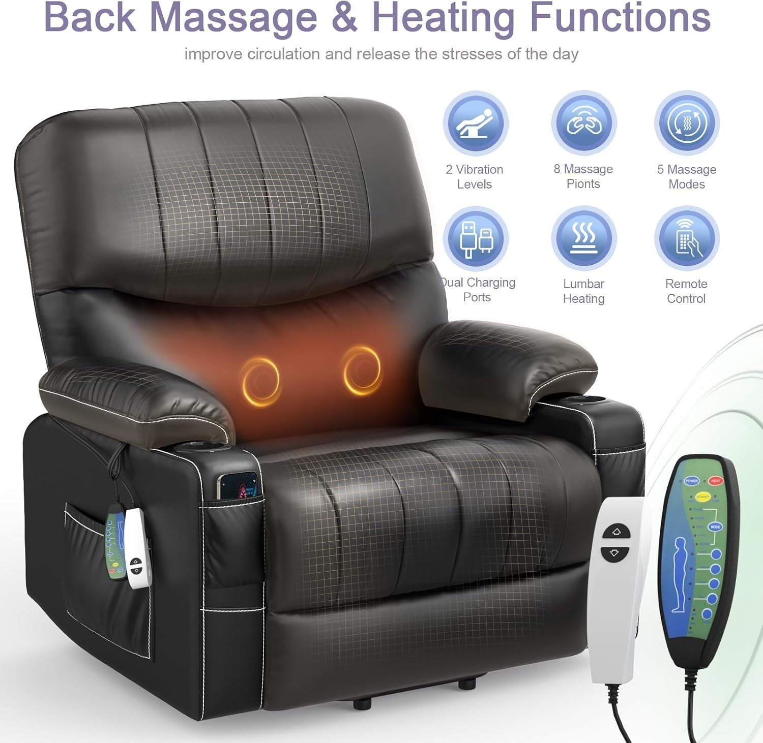 Electric Lift Recliner Chair Massage Heat USB Type-C Oversized Black Armchair