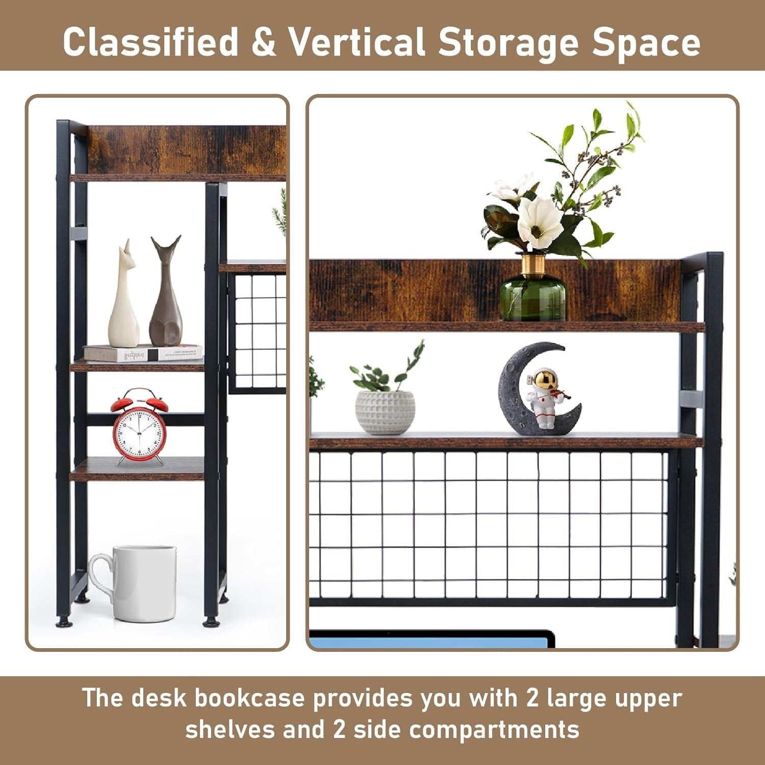 2-Tier Rustic Wood Metal Desktop Bookshelf Hutch Organizer Rack 105cm