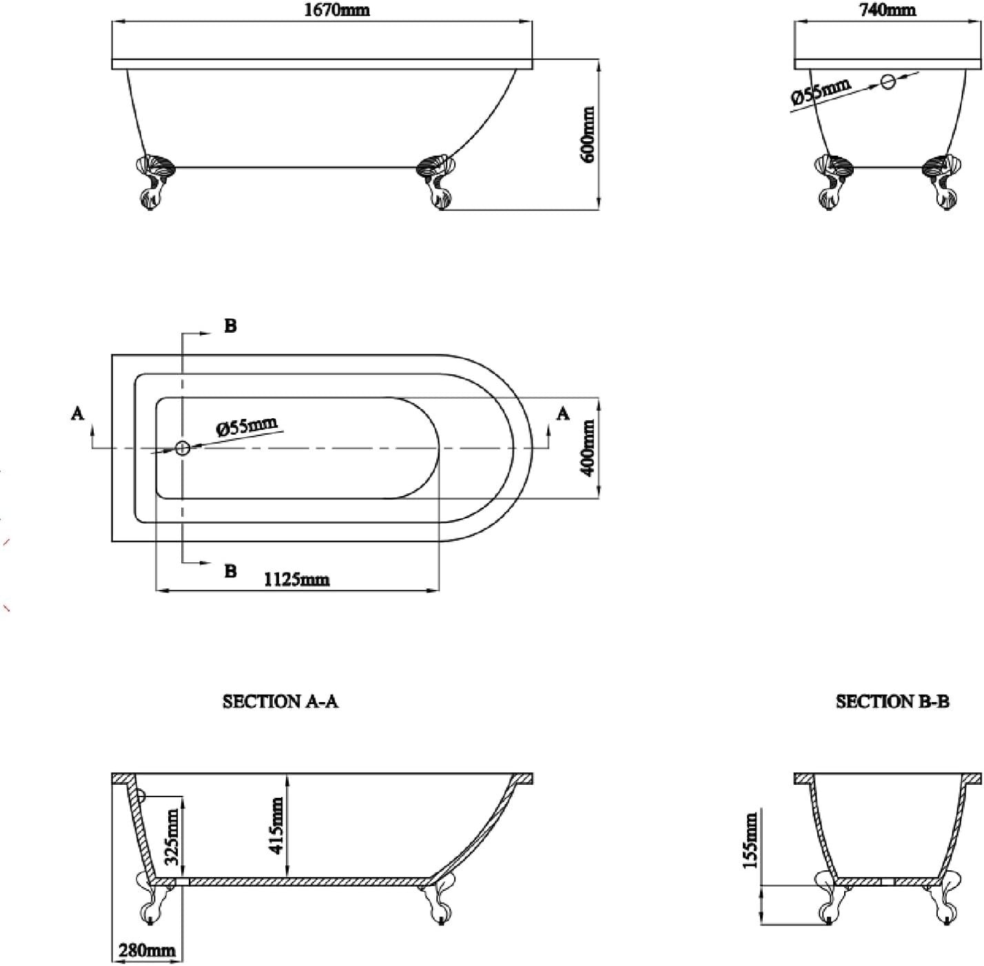 1660x740mm Single Ended Freestanding Slipper Bath White Acrylic Traditional Tub