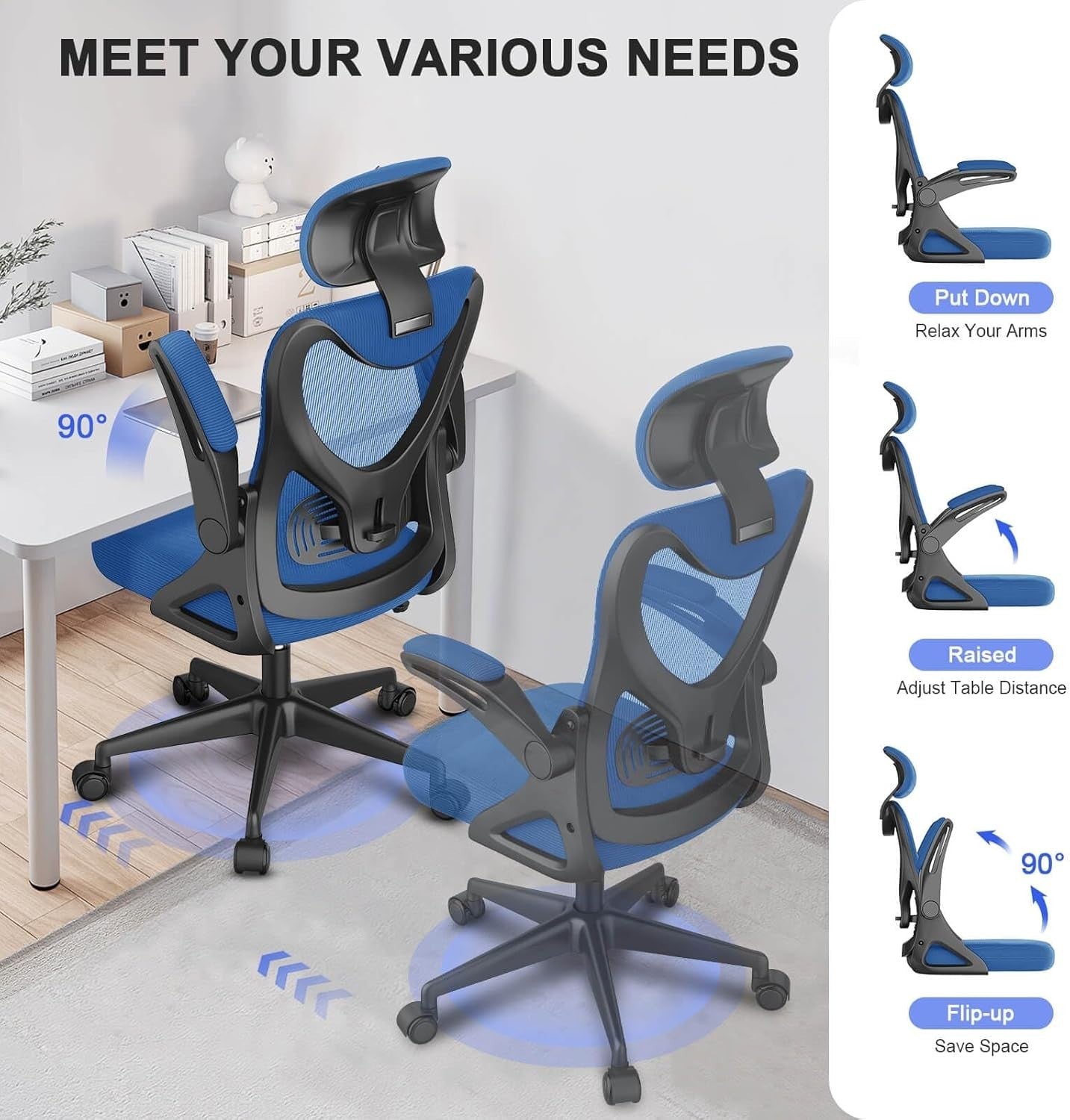 Ergonomic Mesh Office Chair High Back Swivel Desk Chair Flip-Up Arms Adjustable