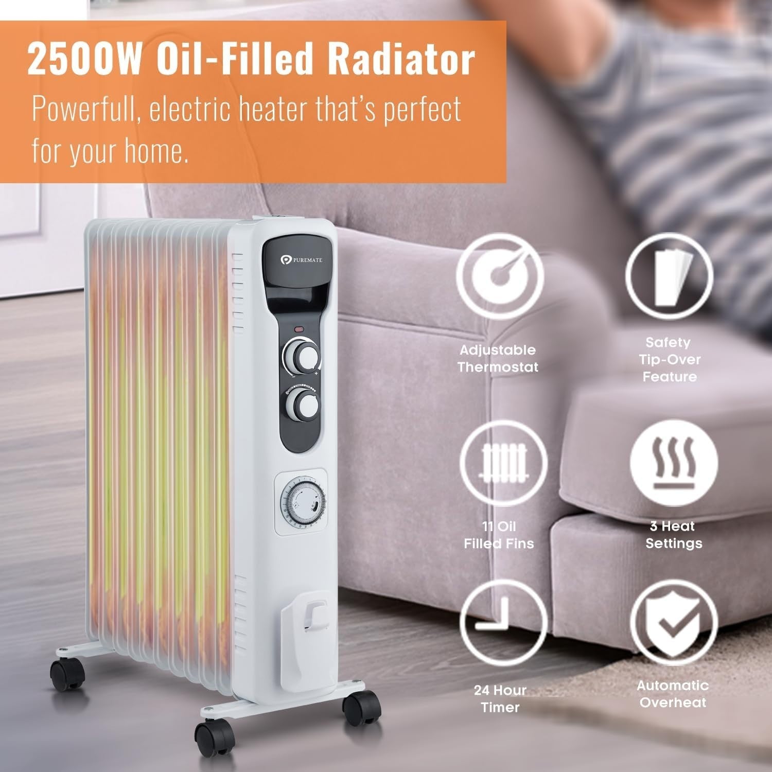 Oil Filled Radiator Heater 2500W 11 Fin Portable Heater Timer