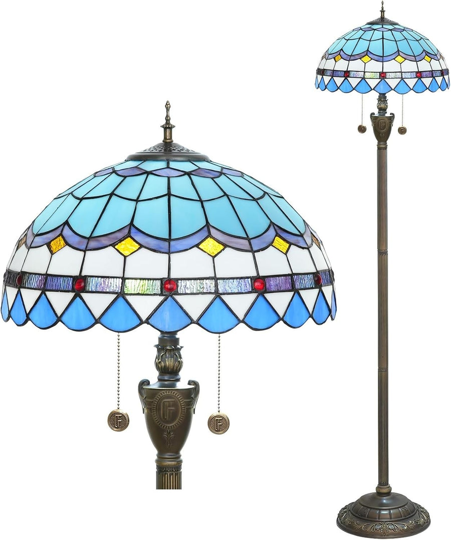 Blue Tiffany Floor Lamp with Stained Glass Shade & Foot Switch
