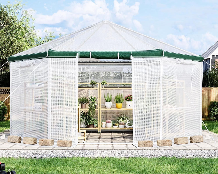Hexagonal Walk-In Greenhouse 4.1x4.1x2.7m Heavy Duty Waterproof PE Cover