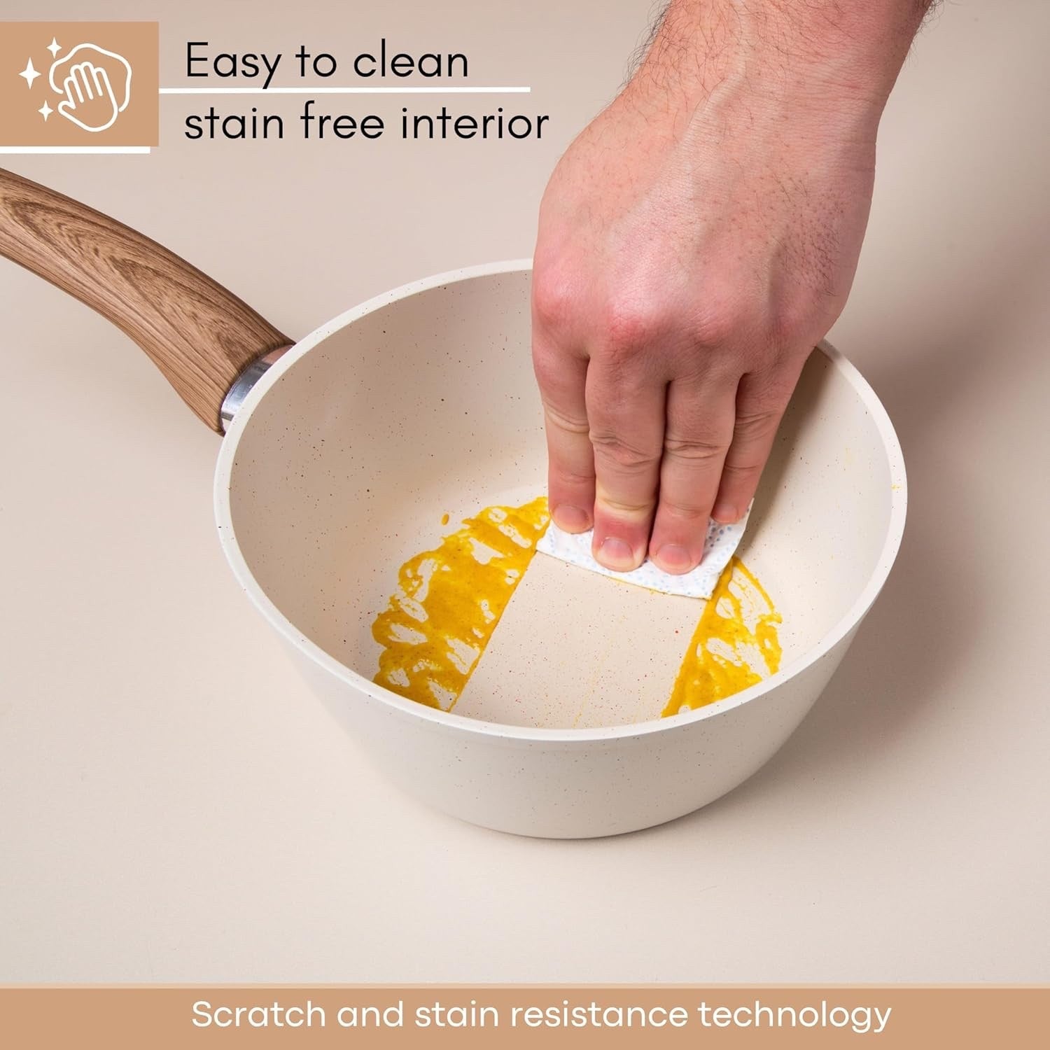 2pcs Cream Non-Stick  Saucepan Set with Lids 16cm & 18cm Induction Ready