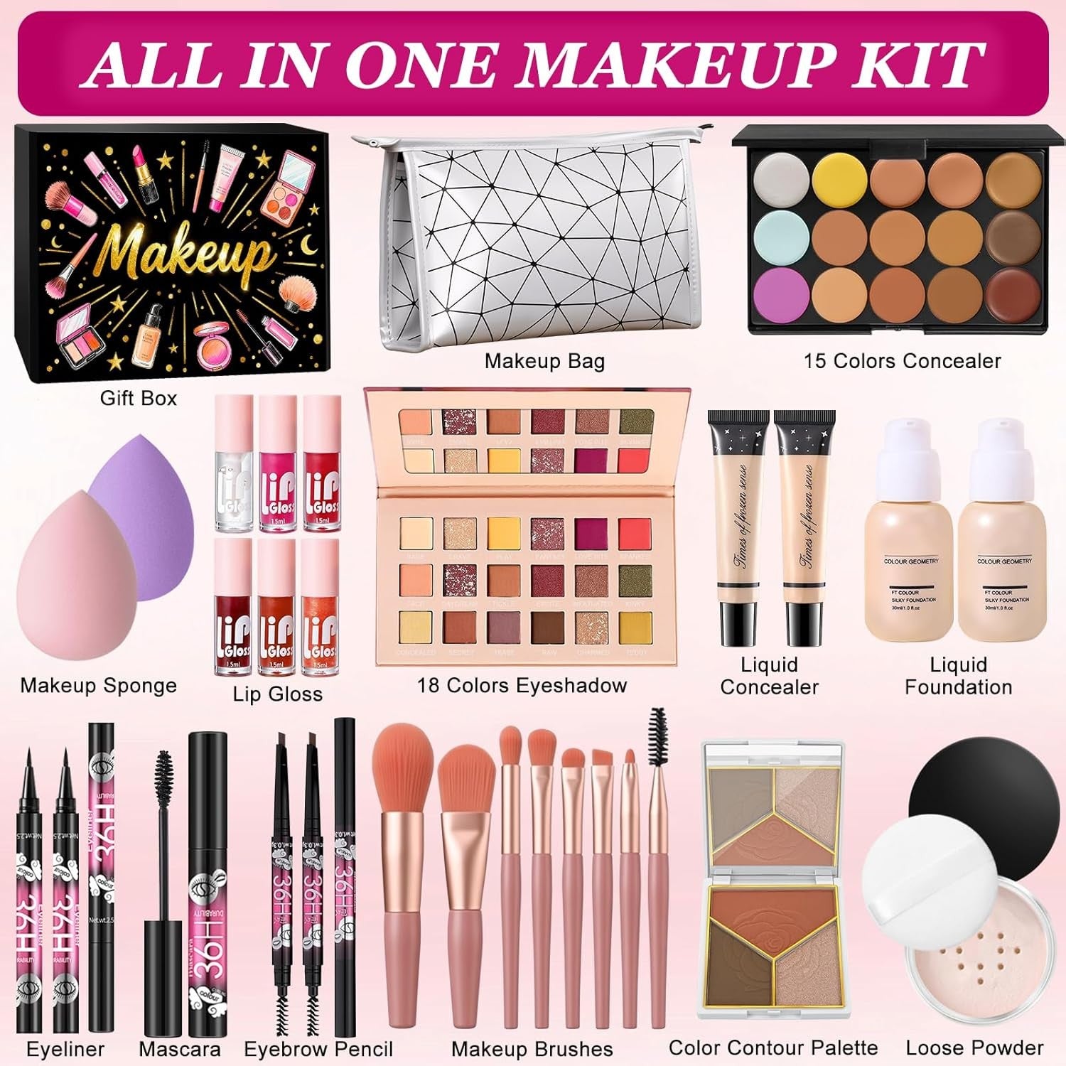 All In One Makeup Kit Starter Set 18 Colour Palette Gift Bag