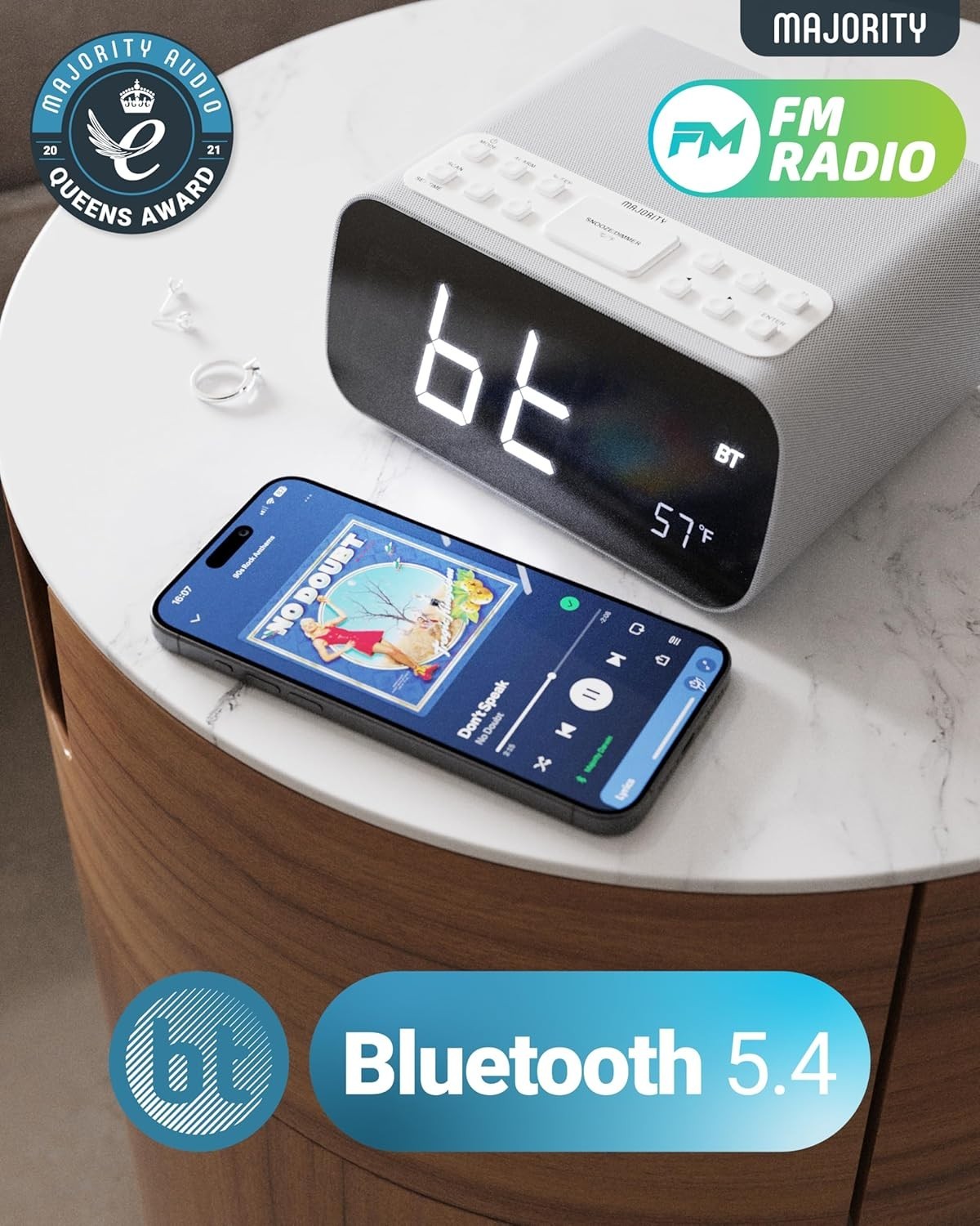 Bluetooth FM Alarm Clock Radio with Wireless Charging & Dual Alarm