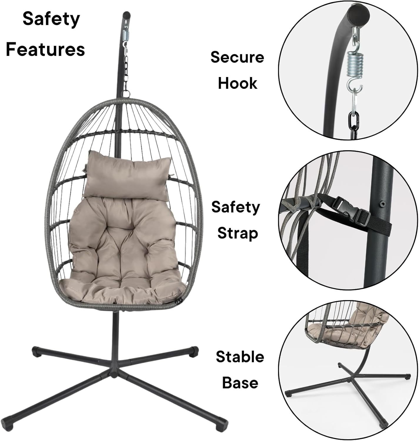 Hanging Egg Chair with Cushion Freestanding Rattan Swing Indoor Outdoor