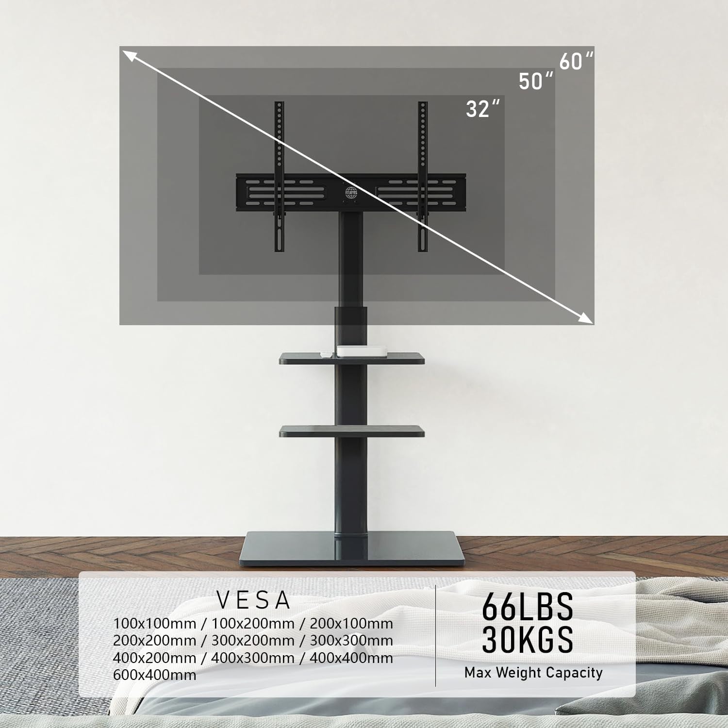 Tall TV Stand 32-60" Floor Mount Swivel Bracket Shelves VESA 30kg