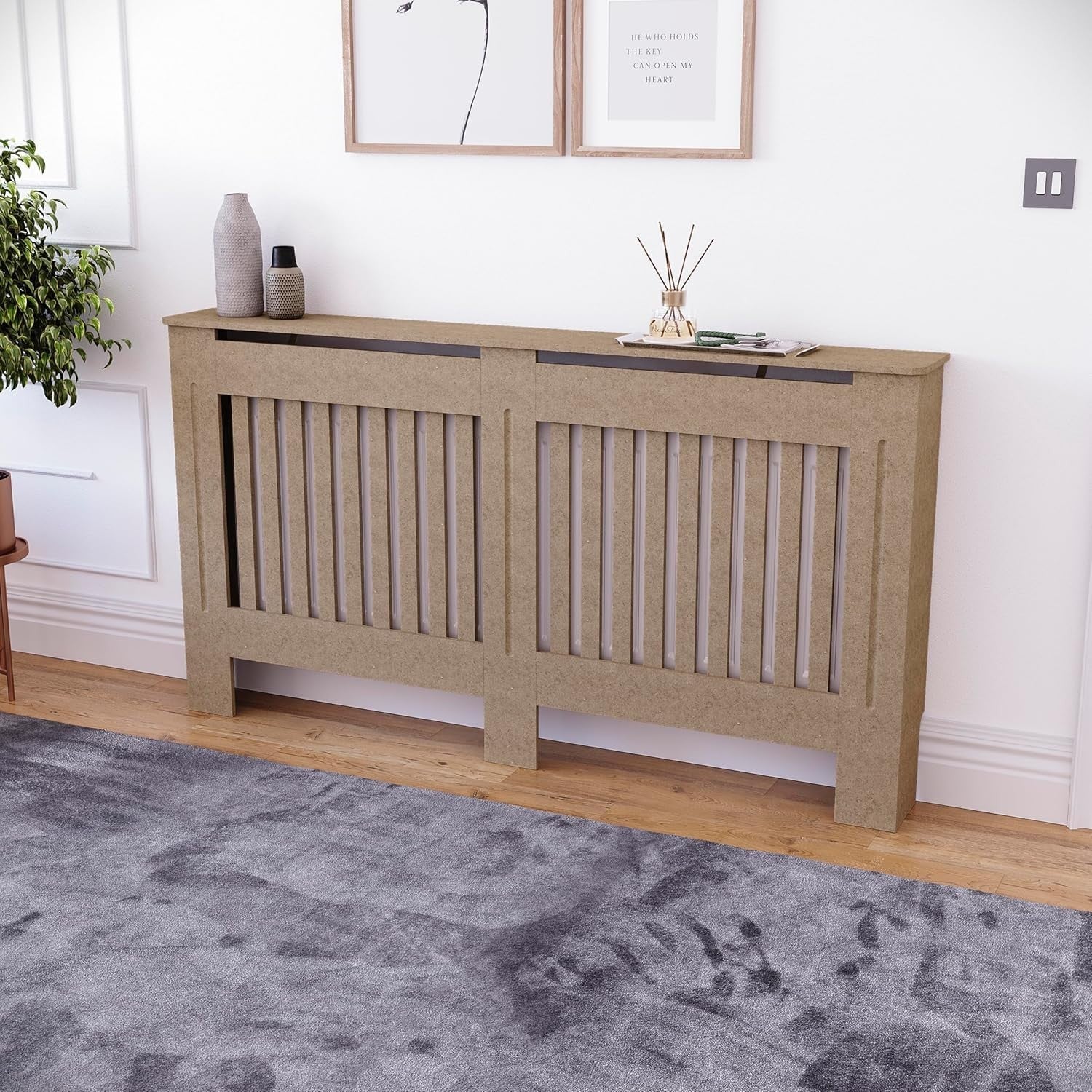 Large Unfinished Radiator Cover Cabinet | Modern MDF Slatted Heating Unit