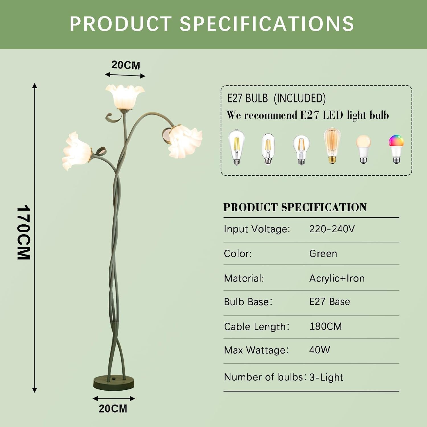 Flower Floor Lamp Standing Light 3 Heads Dimmable Decorative Living Room Lamp