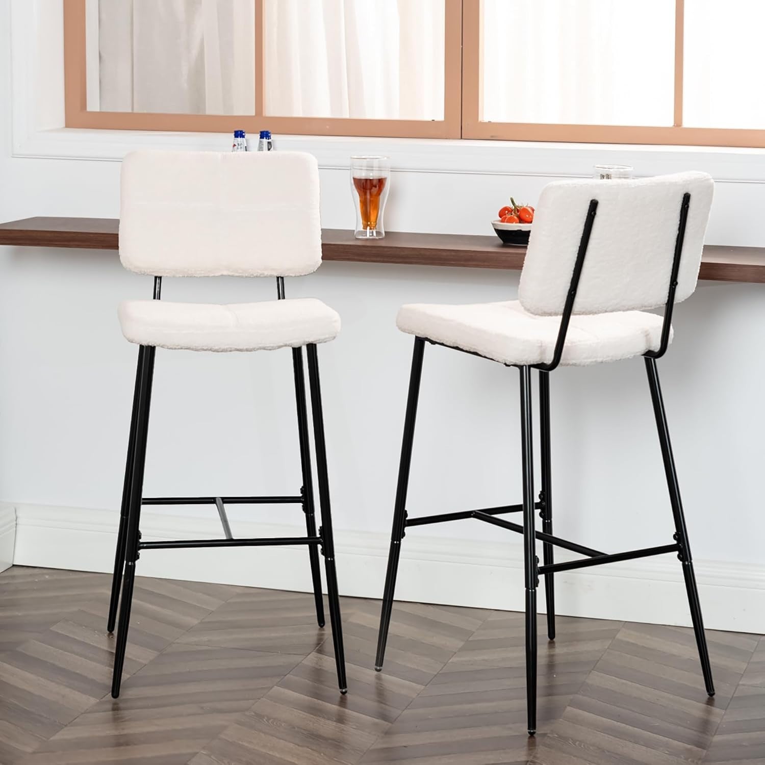 Scandinavian Bar Stools Set of 2 – Boucle Fabric Counter Chairs