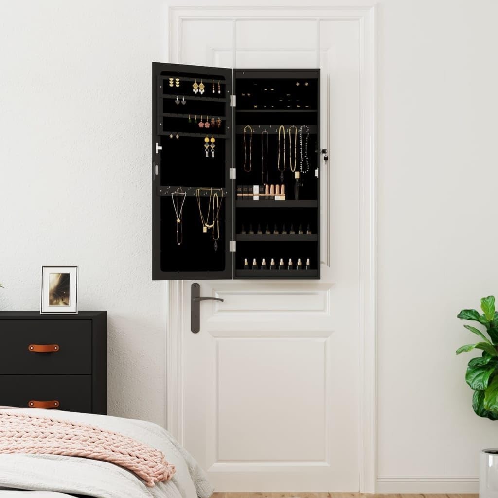 LED Wall Mounted Jewelry Cabinet Frameless Mirror Lockable Storage Black