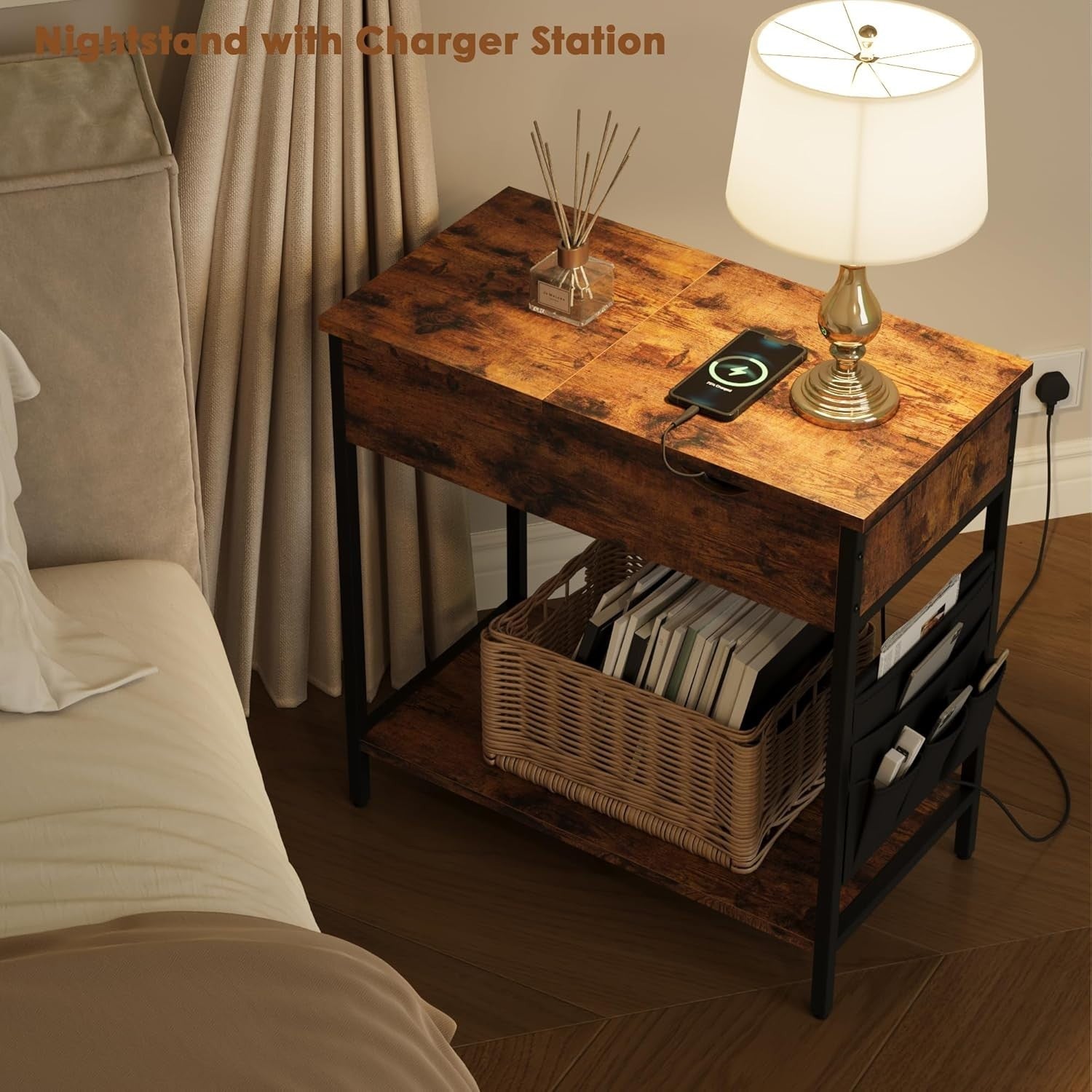 Narrow Side Table with USB Ports, Charging Station & Storage Shelf, Rustic