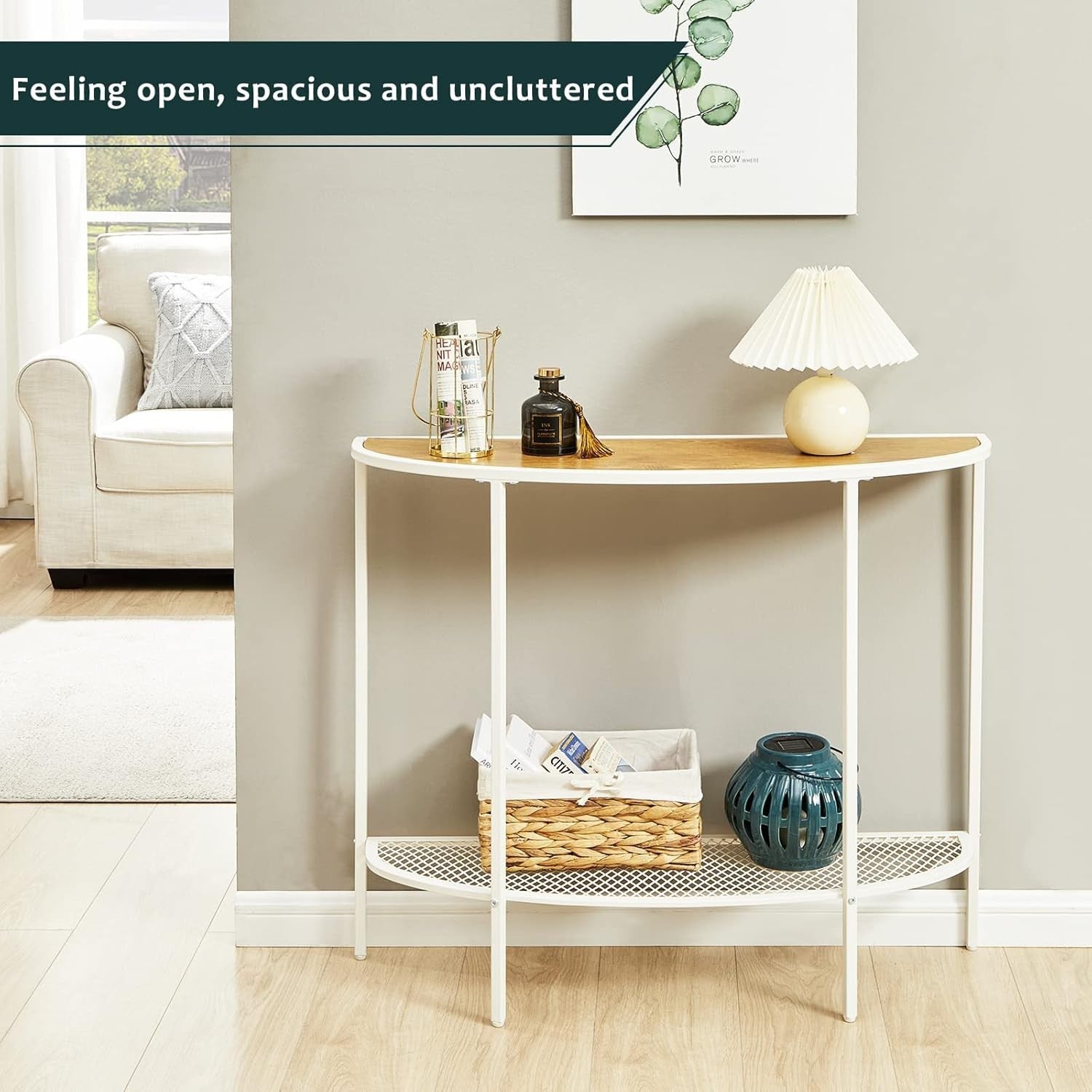 Slim Half Moon Console Table with Shelf, Narrow Hallway Entryway Table