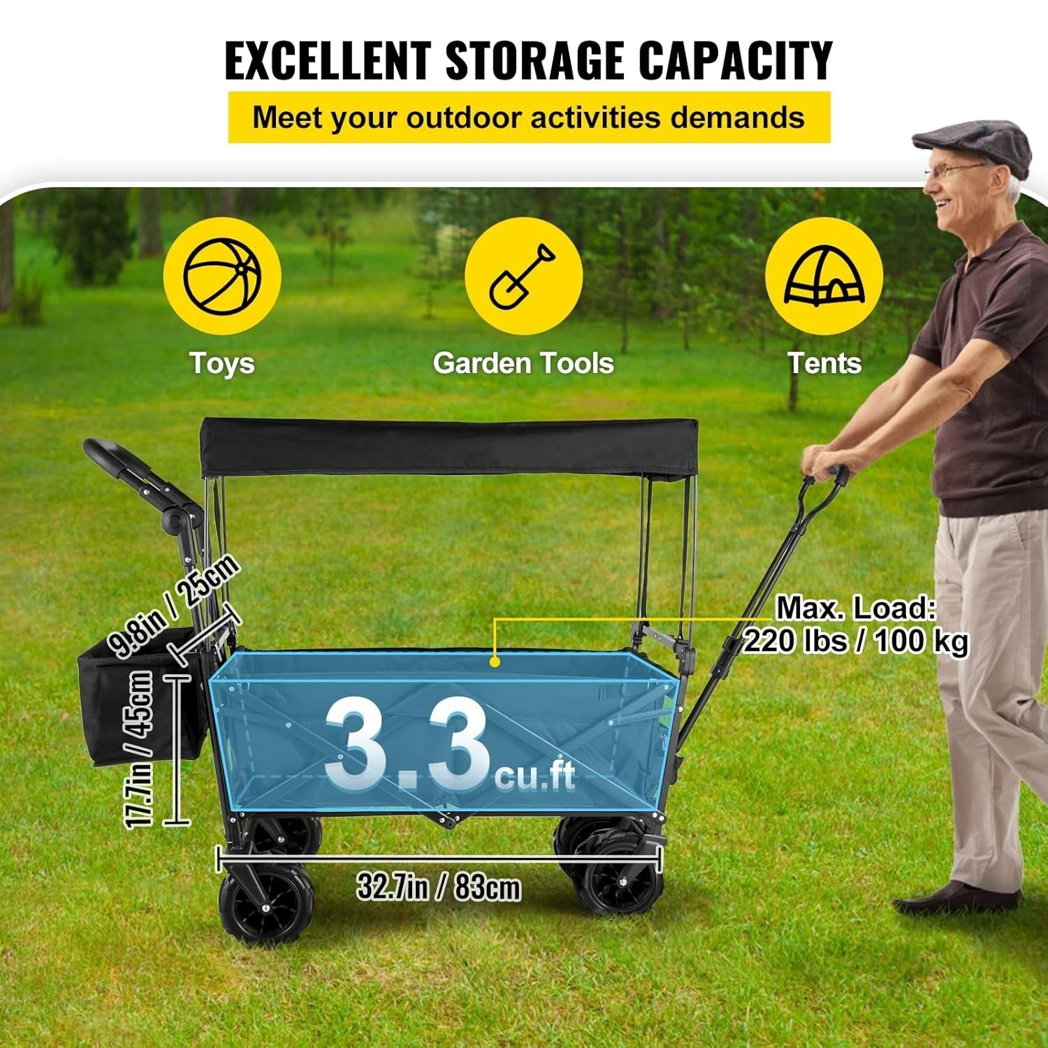Extra Large Folding Wagon 220lbs Canopy Push Pull Cart Rear Storage 600D Black