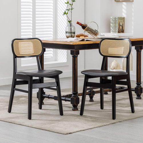 Black Rattan Dining Chairs Set of 2 PU Leather Padded Retro Kitchen Seats