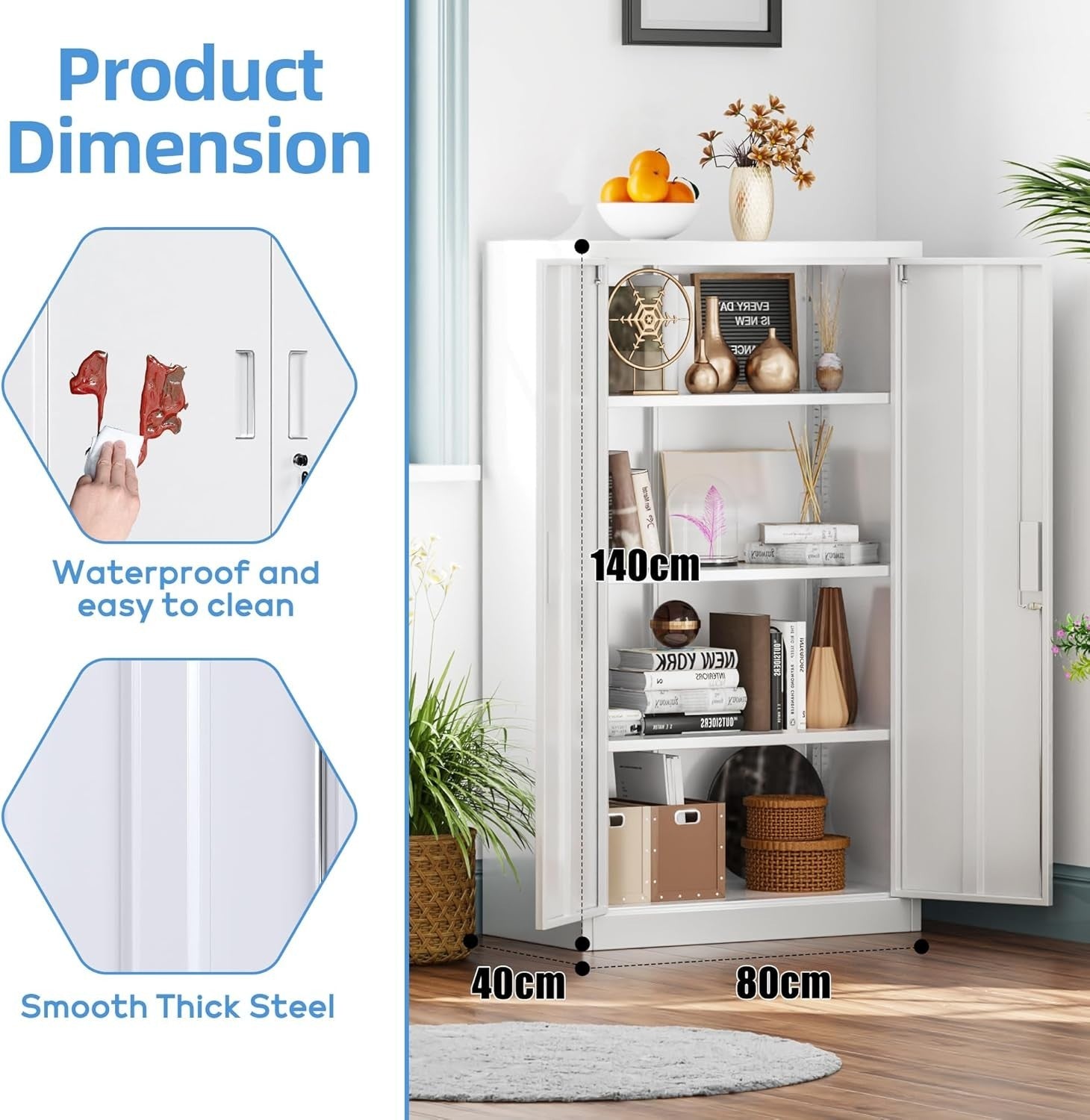 Lockable Metal Storage Cabinet 2 Doors 3 Adjustable Shelves Durable 140x80x40cm