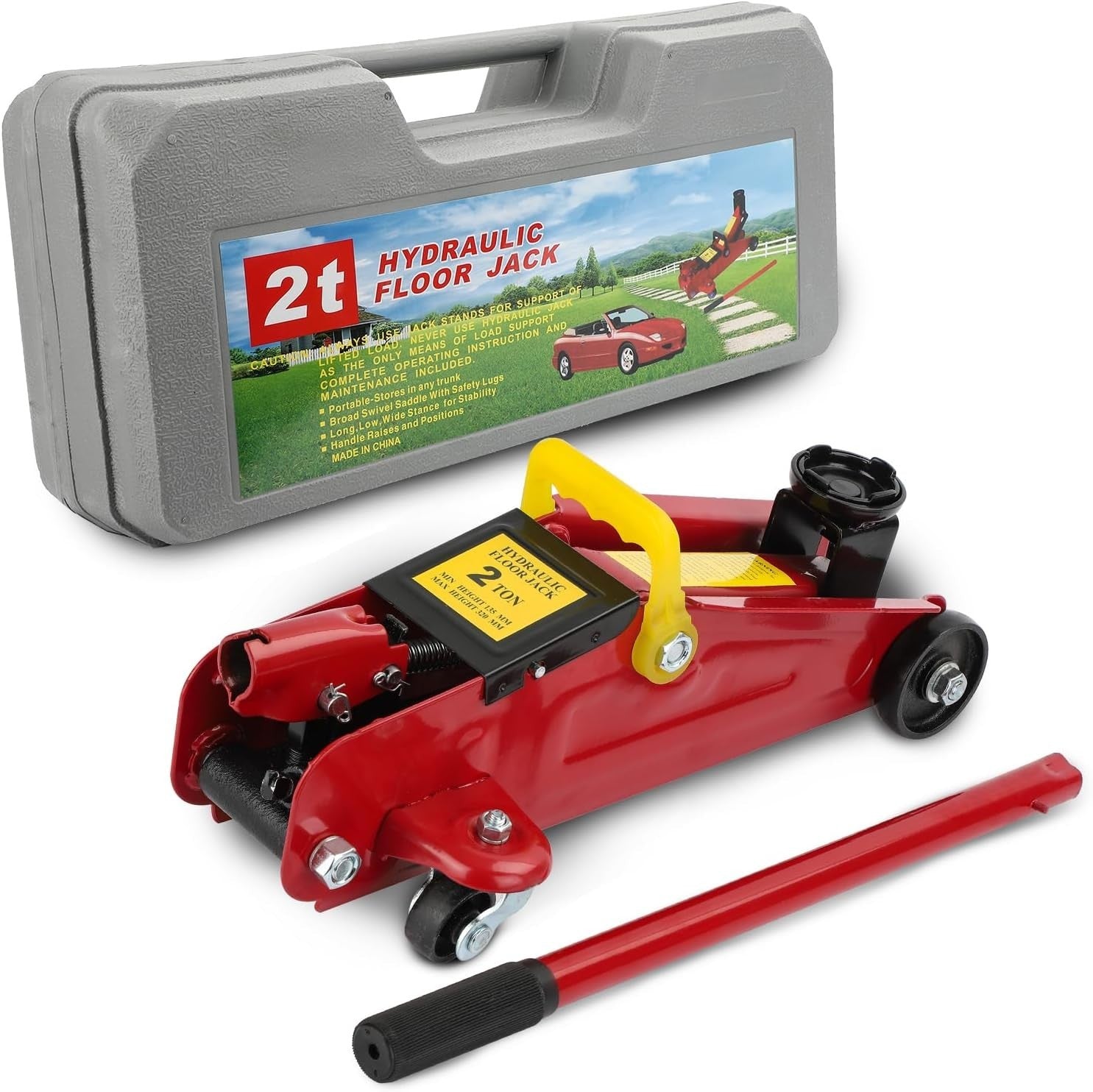 2 Ton Hydraulic Trolley Jack 135–320mm Low Profile Car Lift w/ Case Red