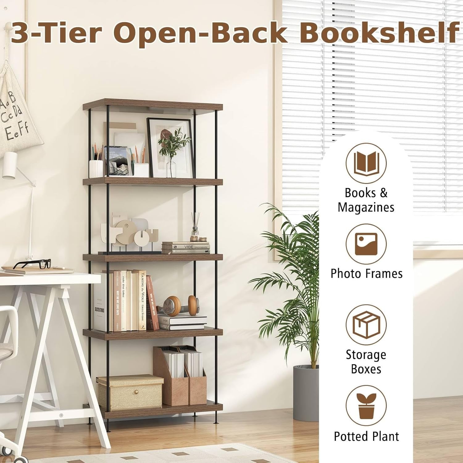 5-Tier Industrial Bookshelf Metal Frame Rustic Wood Storage Shelving Unit
