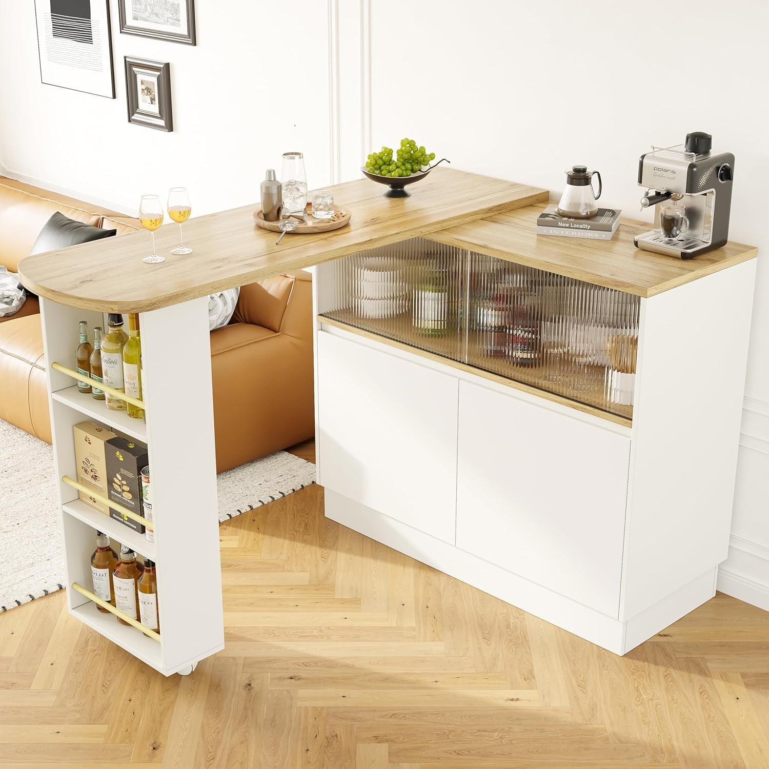 360° Rotating Kitchen Island with Sliding Glass Doors, Storage & Extendable.