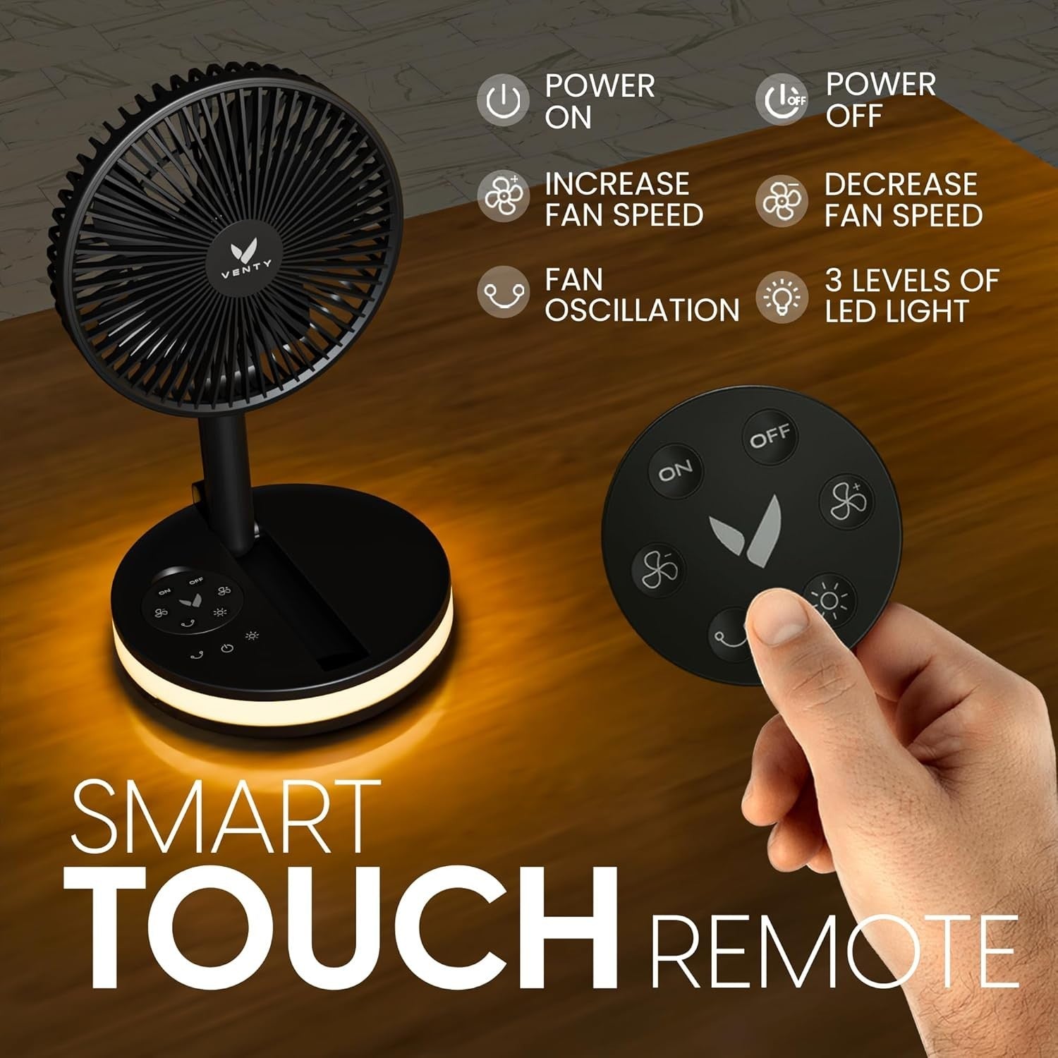Portable Foldable Fan 4-Speed w Remote LED Light USB-C Rechargeable Black w Case