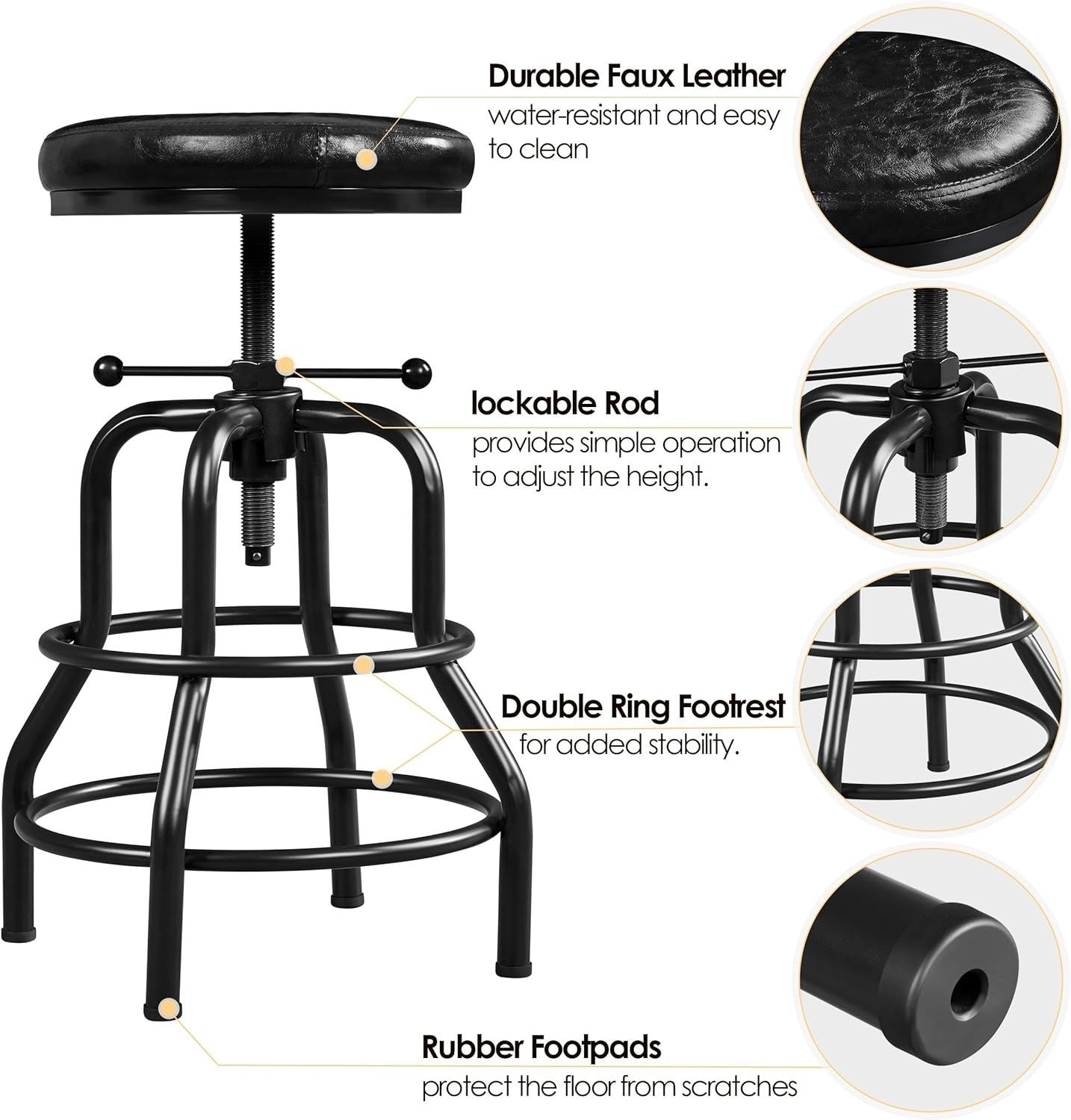 Black Industrial Bar Stool – Adjustable Round Kitchen Counter Chair