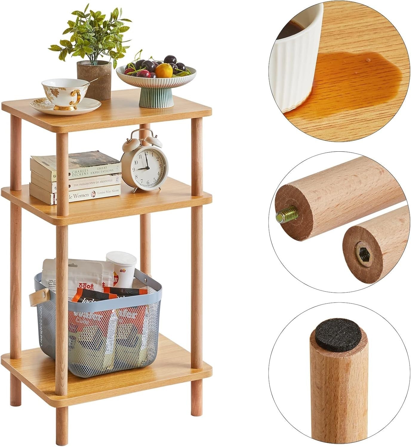 3-Tier Solid Wood Side Table with Storage Shelves - No Assembly Needed